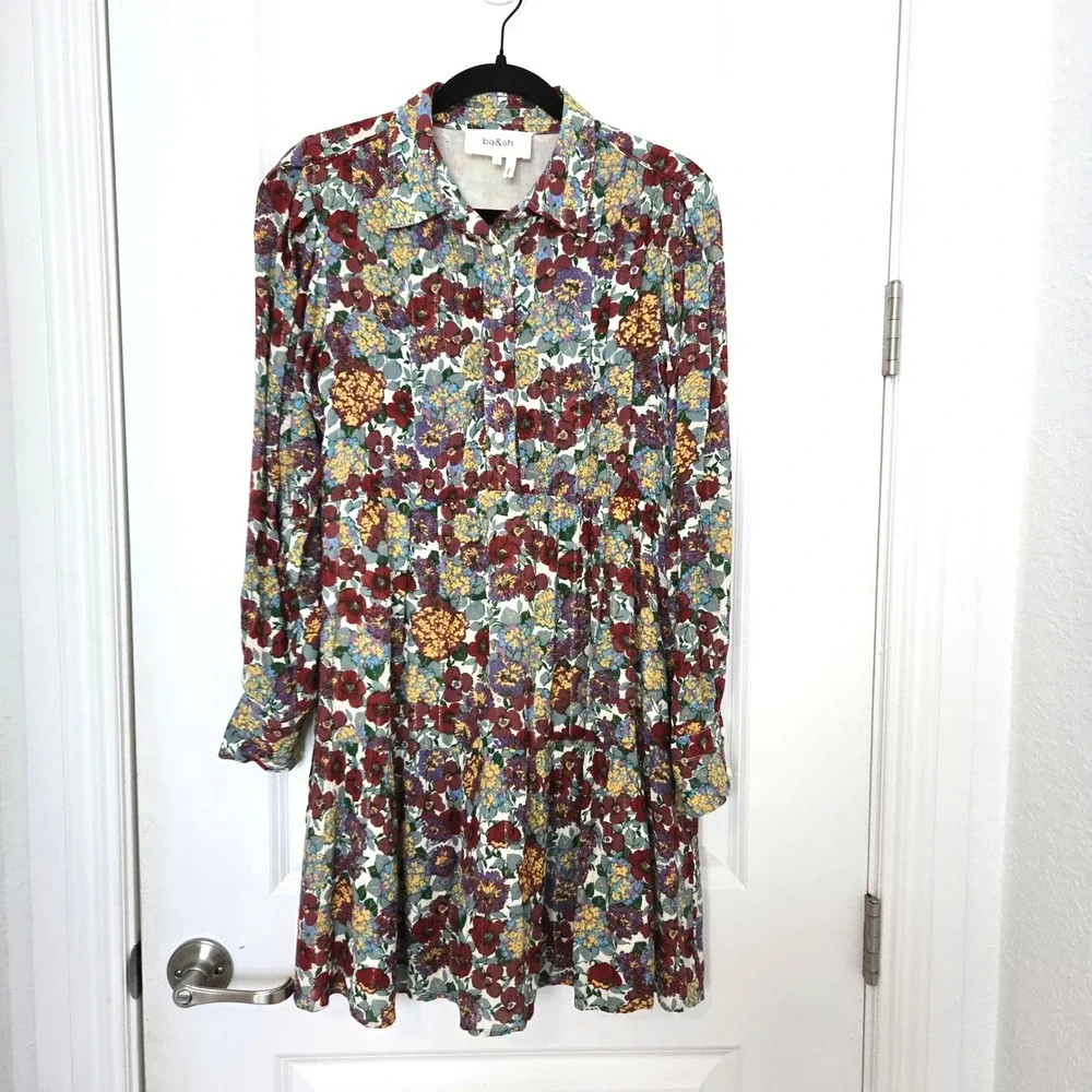 Ba&sh Poldie Floral Metallic Long Sleeve Mini Dress Multi Color Size XS